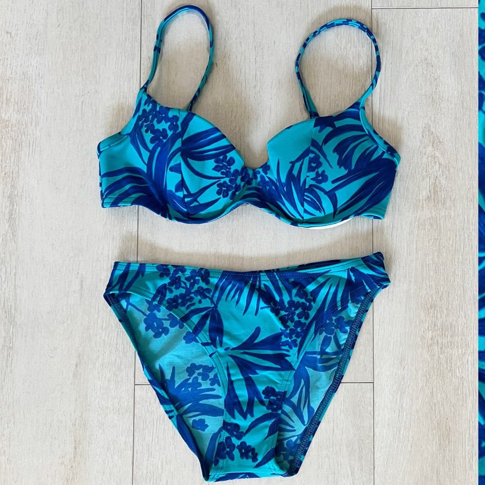 Vintage 90s Blue Tropical High-Waist Bikini Set, Underwire & Padding-Deadstock